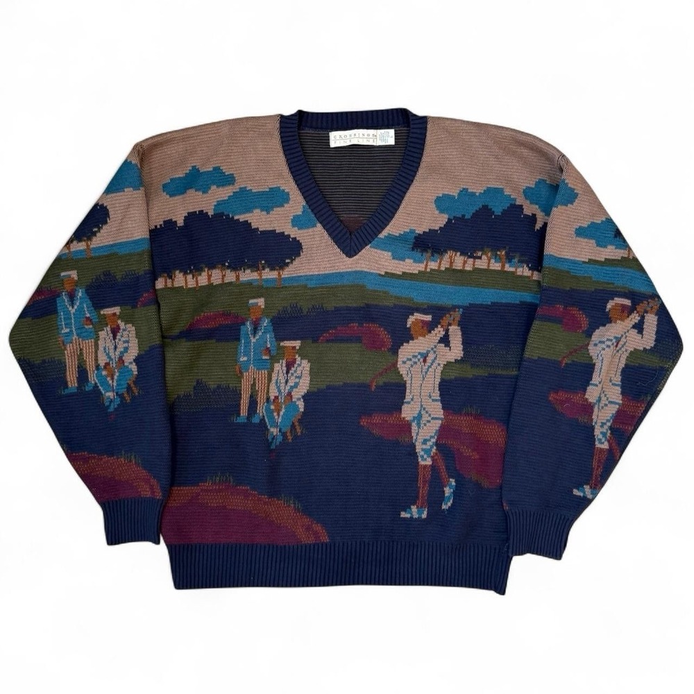 Vintage Crossings Golf Knit Grandpa Sweater Men's Size Large Made In USA 90s Y2K